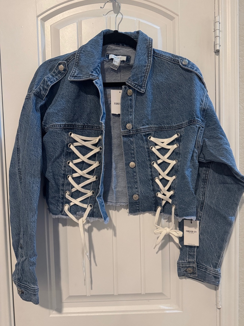 Forever 21 Cropped Denim Jacket with Lace-Up Sides ballet core grunge festival